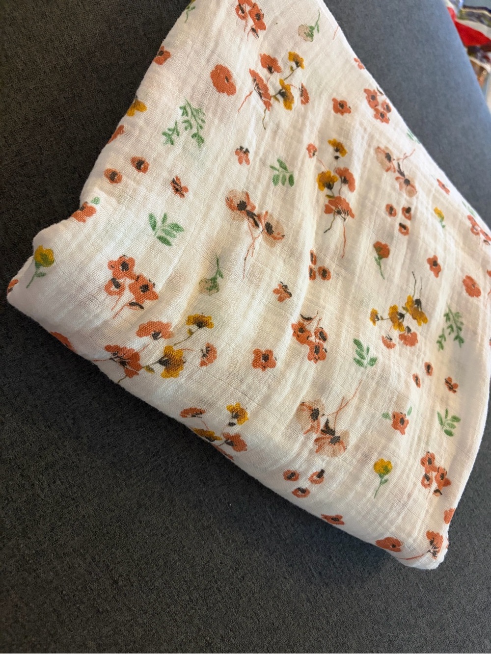 Cotton Muslin Floral Throw Blanket - Cream with Orange & Yellow Blossoms